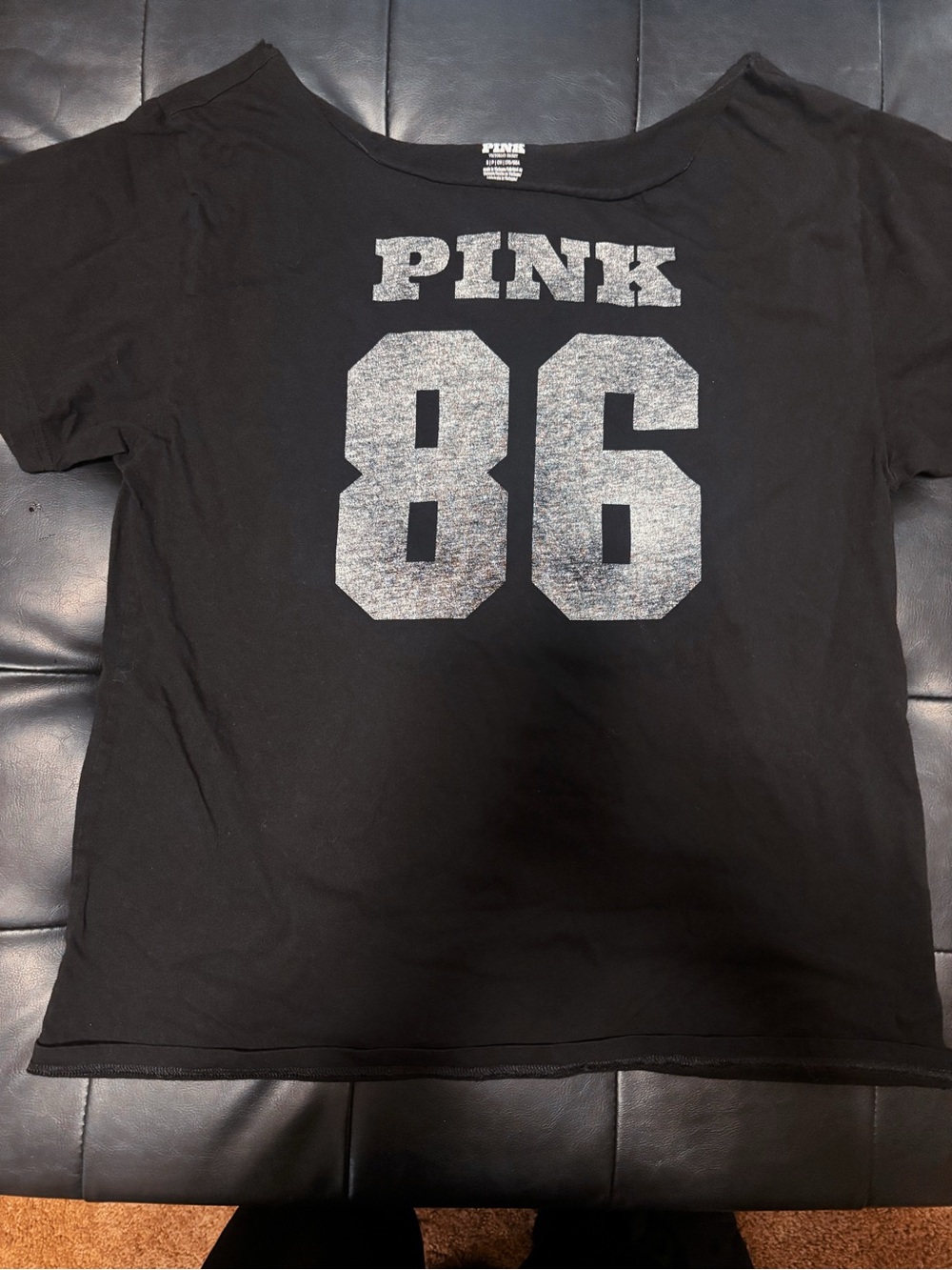 PINK Victoria's Secret Black Tee with Silver '86' Graphic